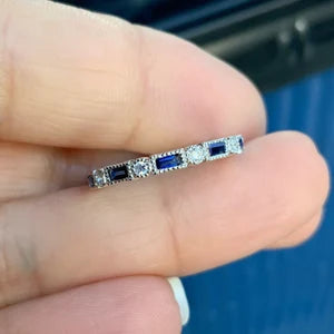 Diamond Sapphire Baguette Dot Milgrain Ring/ Alternating Wedding Eternity Band with Round Diamond & Baguette Blue Sapphire/ 2.5mm Stack Ring