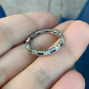 Diamond Sapphire Baguette Dot Milgrain Ring/ Alternating Wedding Eternity Band with Round Diamond & Baguette Blue Sapphire/ 2.5mm Stack Ring