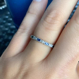 Diamond Sapphire Baguette Dot Milgrain Ring/ Alternating Wedding Eternity Band with Round Diamond & Baguette Blue Sapphire/ 2.5mm Stack Ring