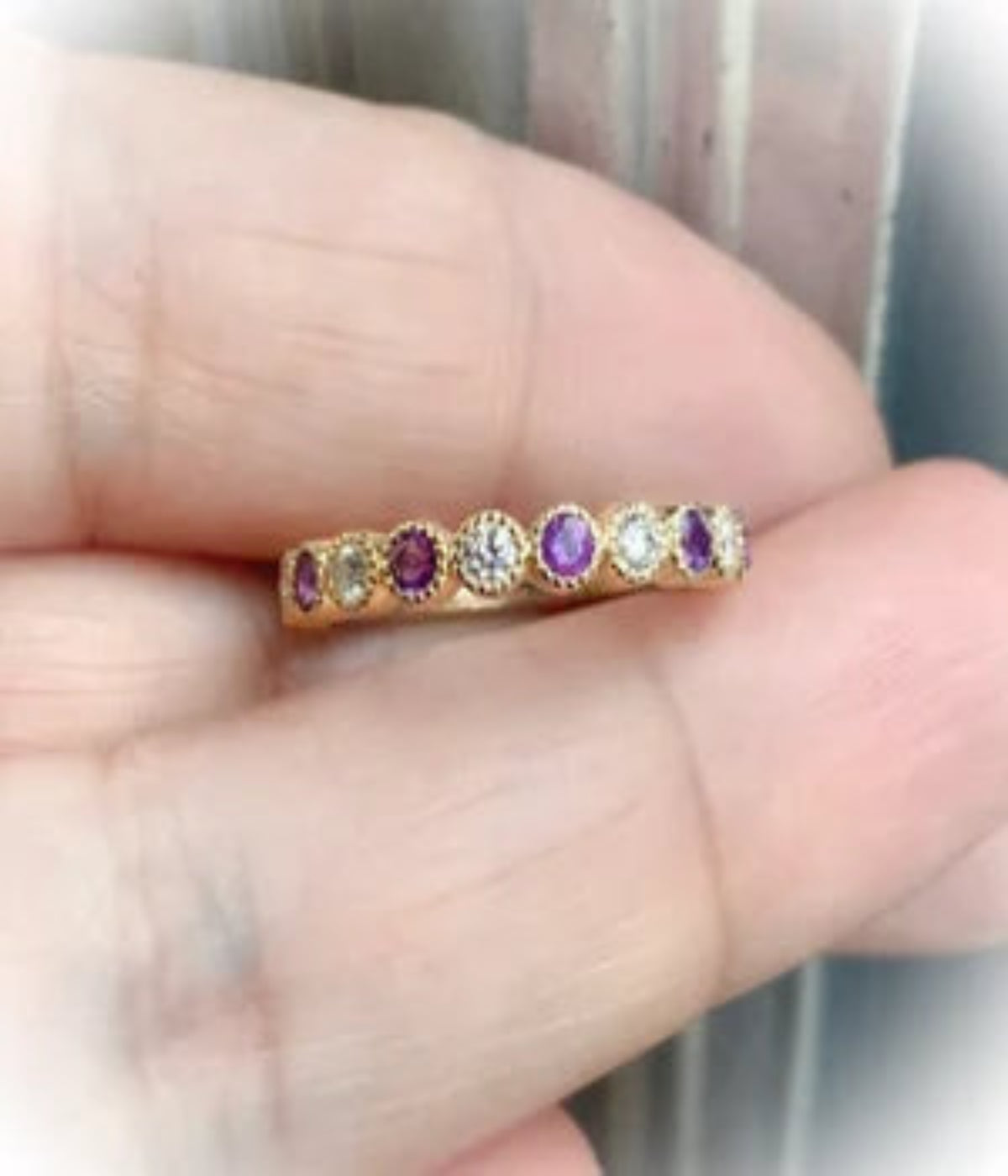 Amethyst Diamond Band/ 3mm Alternating Amethyst Diamond Milgrain Bezel Wedding Band 2 Birthstone Half Eternity Stacking 10K 14K 18K Platinum