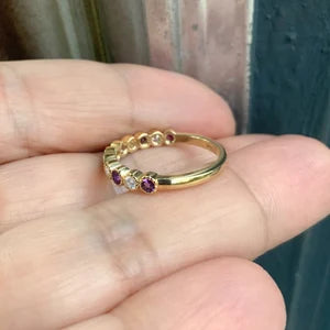 Amethyst Diamond Band/ 3mm Alternating Amethyst Diamond Milgrain Bezel Wedding Band 2 Birthstone Half Eternity Stacking 10K 14K 18K Platinum