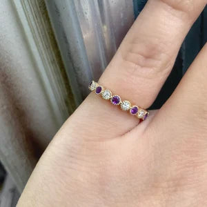 Amethyst Diamond Band/ 3mm Alternating Amethyst Diamond Milgrain Bezel Wedding Band 2 Birthstone Half Eternity Stacking 10K 14K 18K Platinum