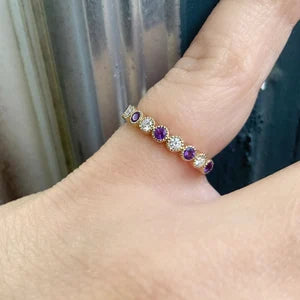 Amethyst Diamond Band/ 3mm Alternating Amethyst Diamond Milgrain Bezel Wedding Band 2 Birthstone Half Eternity Stacking 10K 14K 18K Platinum