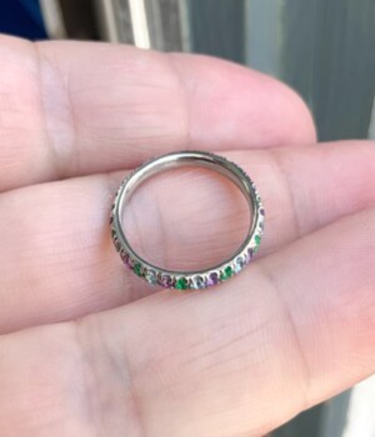 Emerald Aquamarine Amethyst Band/ 2mm Alternating Pave Full Eternity Ring/ 3 Birthstone Infinity Stacking/ May March February Mother's Ring