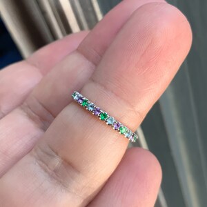 Emerald Aquamarine Amethyst Band/ 2mm Alternating Pave Full Eternity Ring/ 3 Birthstone Infinity Stacking/ May March February Mother's Ring