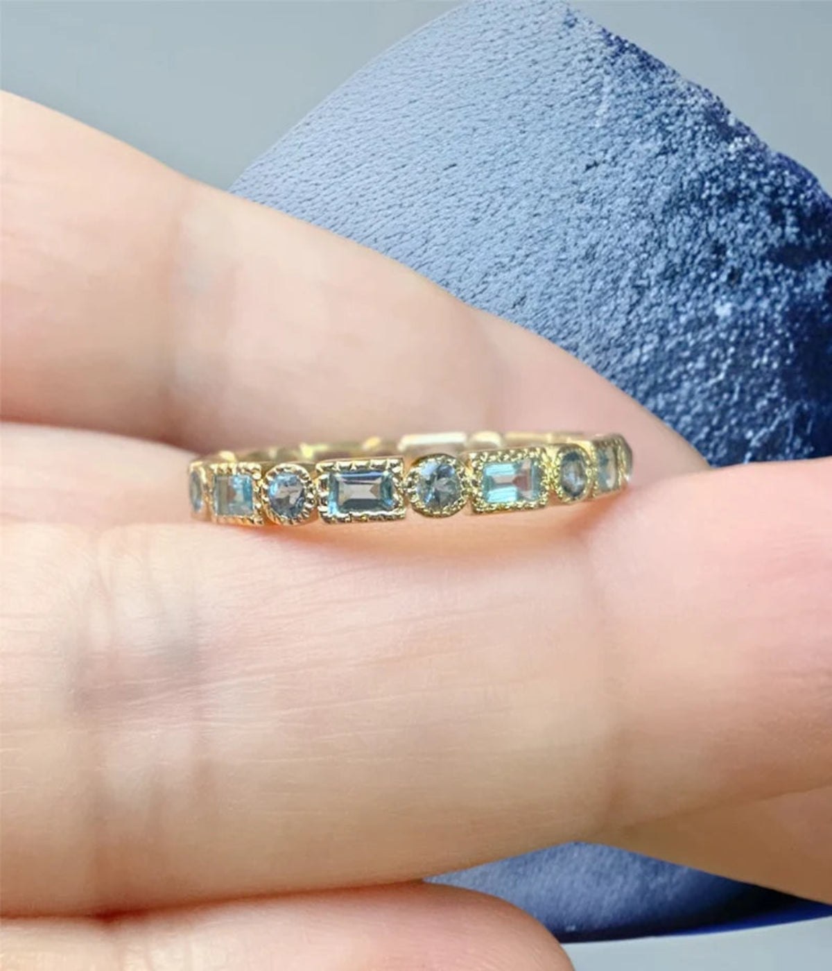 Aquamarine Baguette Round Eternity Band/ Dot Dash Milgrain Bezel Set Aquamarine 3mm Stacking Ring/ Infinity March Birthstone Wedding Band