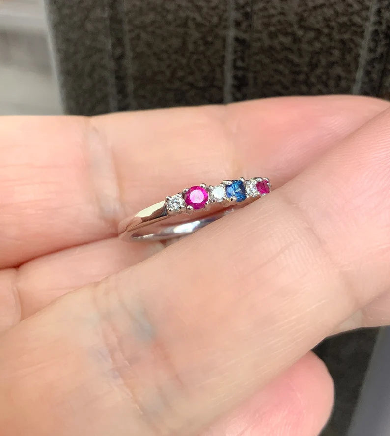 Mother's Ring/ 3 Stone Personalized Family Birthstone Ring w Diamonds/ Multi Stone Stack Ring: Blue Sapphire, Ruby/ 14K 18K Platinum Custom