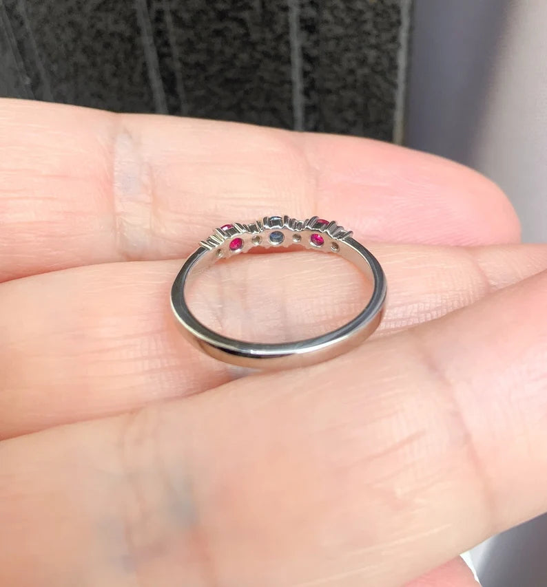 Mother's Ring/ 3 Stone Personalized Family Birthstone Ring w Diamonds/ Multi Stone Stack Ring: Blue Sapphire, Ruby/ 14K 18K Platinum Custom