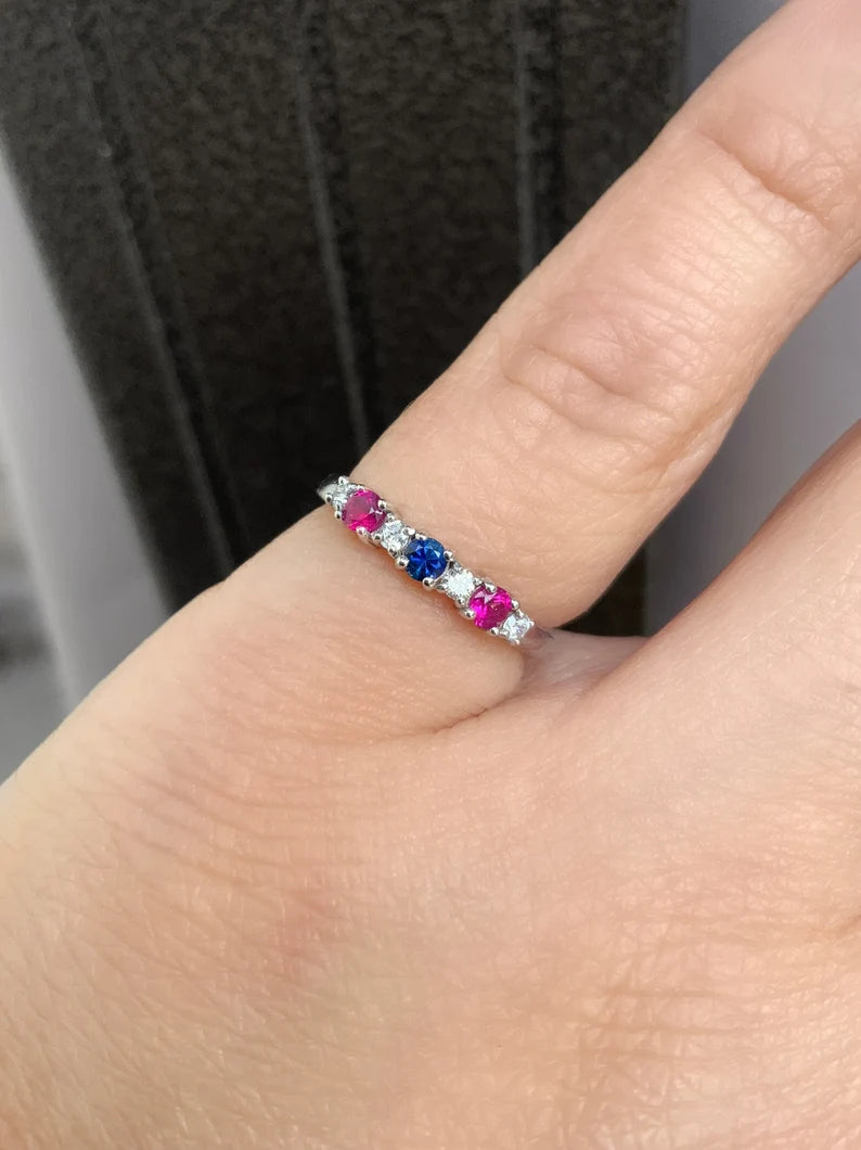 Mother's Ring/ 3 Stone Personalized Family Birthstone Ring w Diamonds/ Multi Stone Stack Ring: Blue Sapphire, Ruby/ 14K 18K Platinum Custom