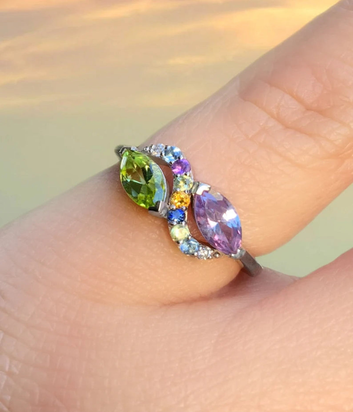 Mother's Ring/ 2 Stone Personalized Family Birthstone Ring/ Infinity Multi Stone Ring with Marquise Peridot & Alexandrite/ Big Family Ring