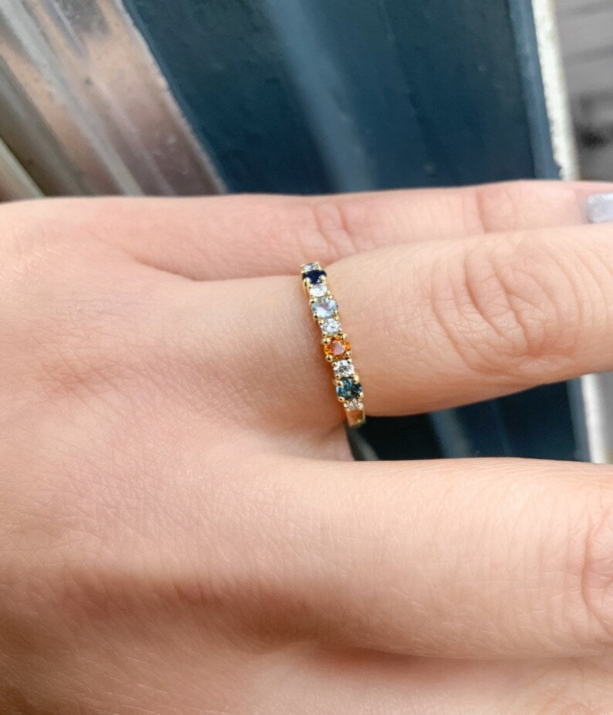Mother's Ring/ 4 Stone Personalized Family Birthstone Ring w Diamonds/ Multi Stone Ring: London Blue Topaz Citrine Aquamarine Blue Sapphire