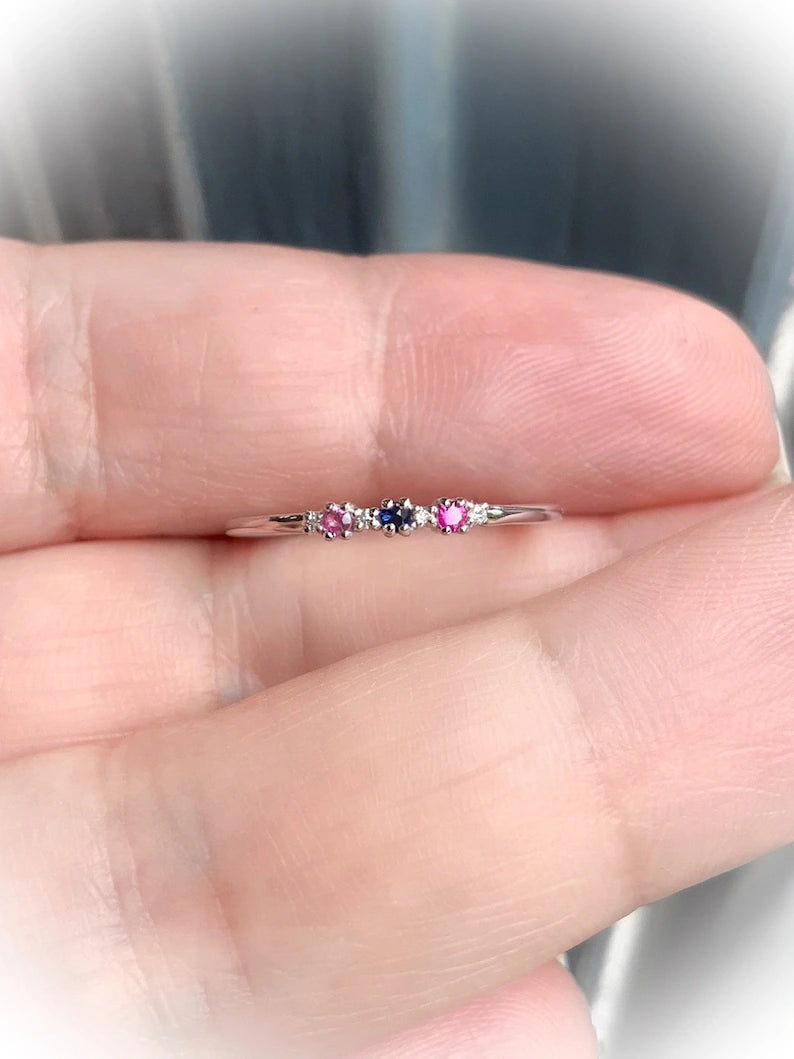 Delicate 3 Stone Mothers Ring/ Minimalist Personalized Family Birthstone Ring/ 3rd Anniversary Friendship Sibling Multi Stone Stacking Ring