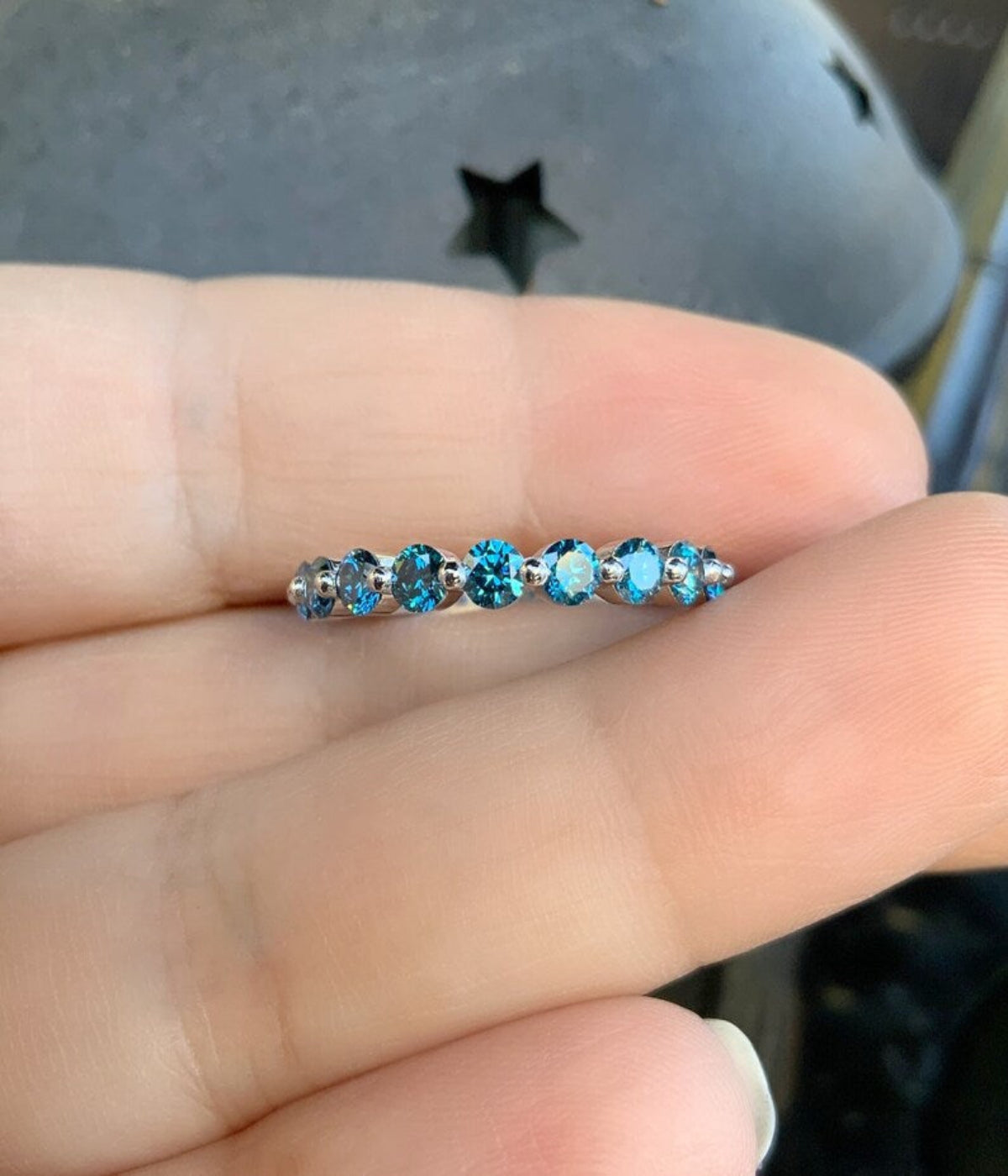 Blue Diamond Floating Bubble Ring/ 1ct Shared Prong Band/ 3mm Half Eternity Lab Grown Diamond Band/ 10 Stone Blue Diamond Stacking Ring