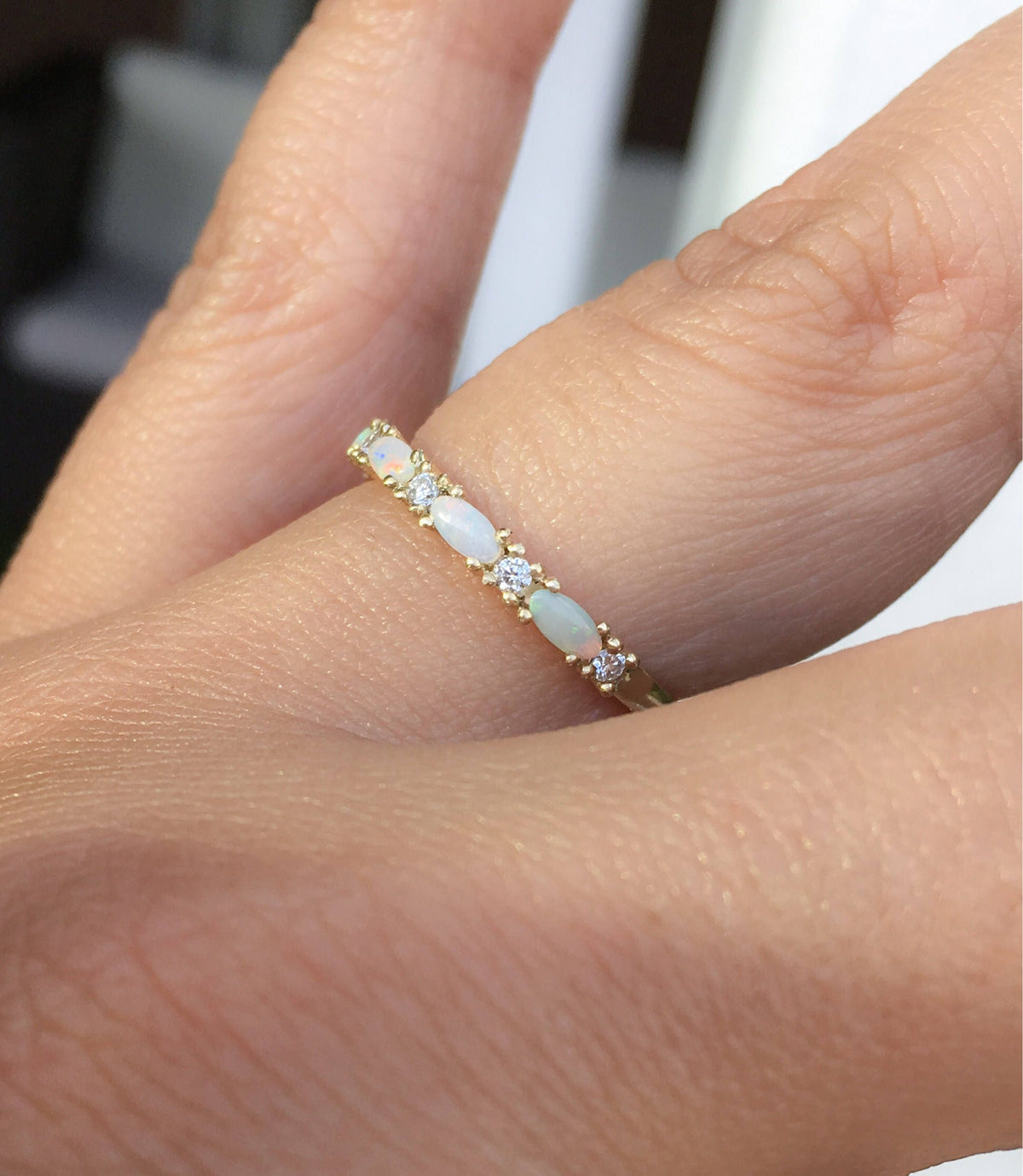 Opal Diamond Band Wedding Opal Eternity Ring Opal Diamond Alternating Band Vintage Look Opal Diamond Ring Anniversary October