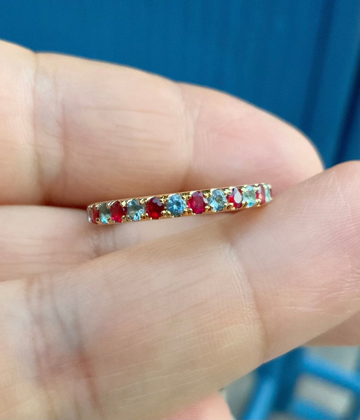 Aquamarine Ruby Band/ Pave 2.3mm Alternating Ruby Aquamarine Full Eternity Wedding Band/ March July 2 Birthstone Maternity Stacking Ring