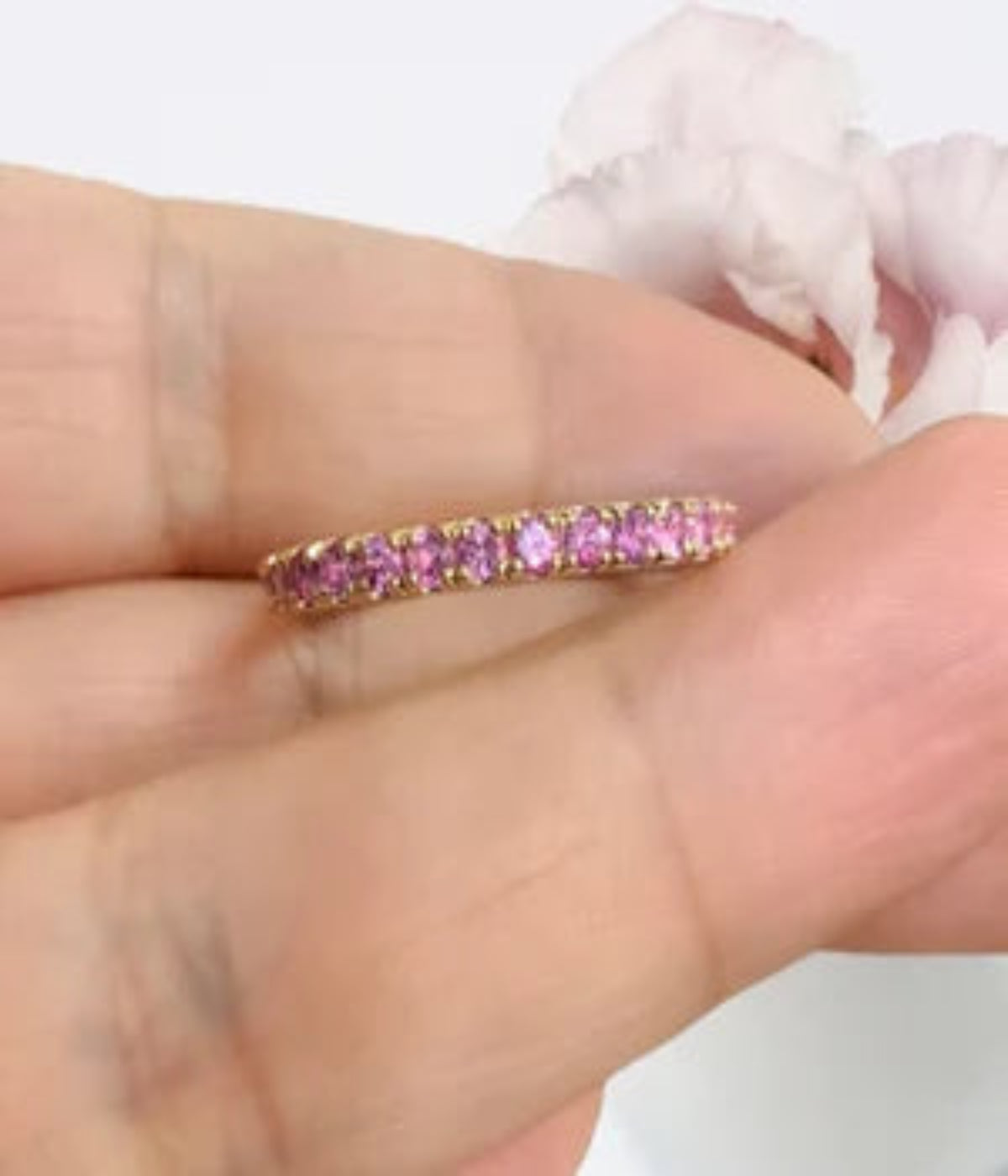 Pink Sapphire Pave Band/ 2.3mm Sapphire Full Eternity Ring/ Pink Sapphire Wedding Anniversary Band/ Infinity Sapphire Birthstone Stack Ring