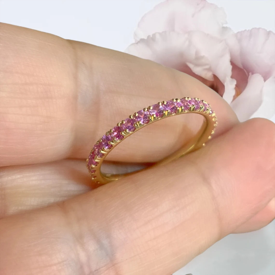 Pink Sapphire Full Eternity Ring | Pavé Wedding Band | Gold-Platinum | 2.3mm Stacking September Birthstone Ring