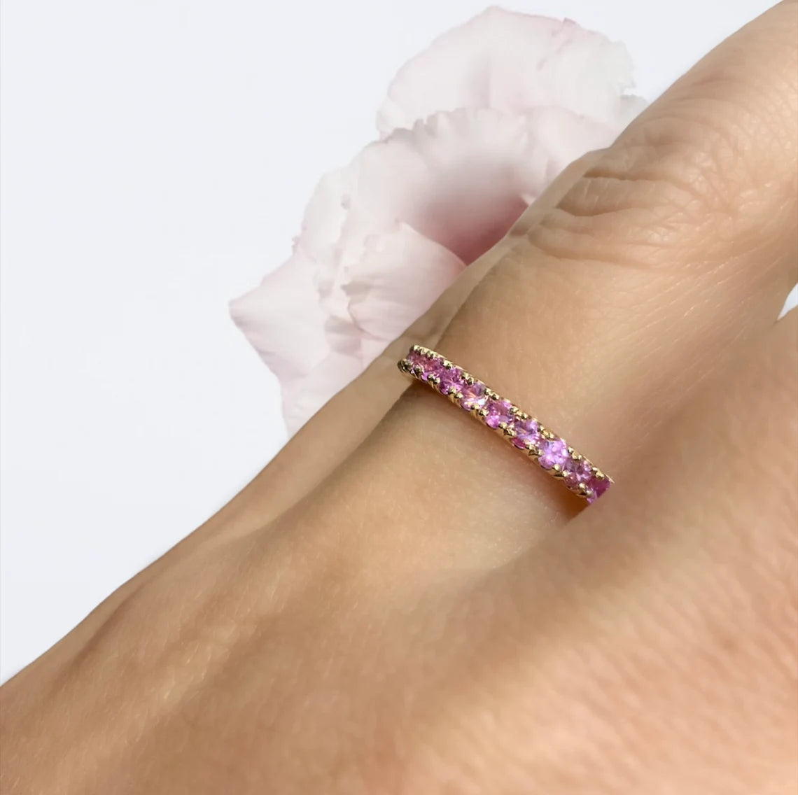 Pink Sapphire Full Eternity Ring | Pavé Wedding Band | Gold-Platinum | 2.3mm Stacking September Birthstone Ring