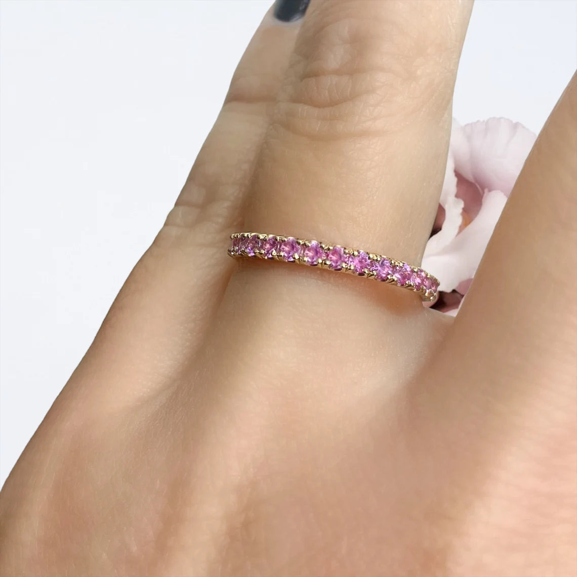 Pink Sapphire Full Eternity Ring | Pavé Wedding Band | Gold-Platinum | 2.3mm Stacking September Birthstone Ring