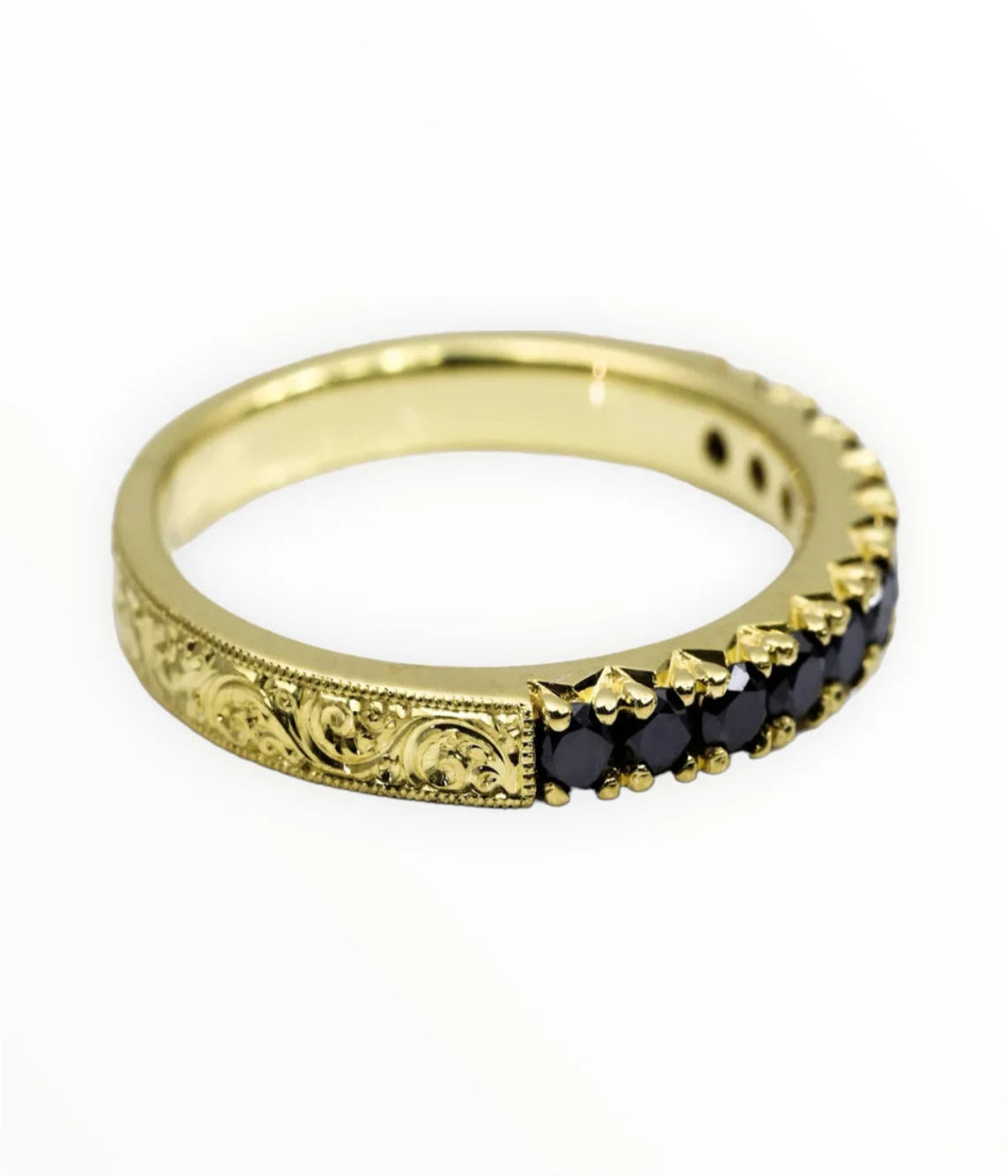 French Pave Black Diamond Band Ring w Milgrain and Hand Engraving on Shank/ Unique 11 Stone Natural Black Diamond Wedding, Anniversary Band