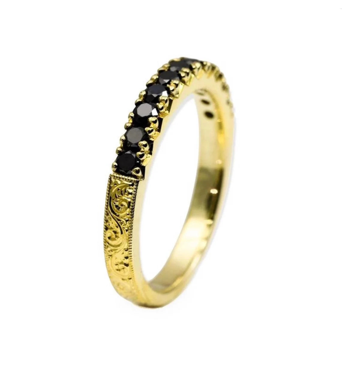 French Pave Black Diamond Band Ring w Milgrain and Hand Engraving on Shank/ Unique 11 Stone Natural Black Diamond Wedding, Anniversary Band