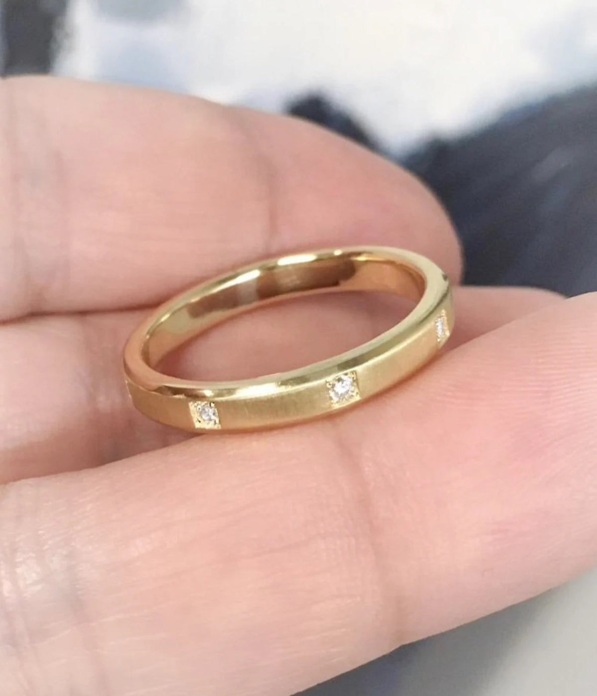 Plain Men's Women's Wedding 3.5 MM Band Ring with Spaced Diamonds/ Unique Beveled Matte Band/ Unisex His & Hers Thumb Ring/ 14K 18K Platinum