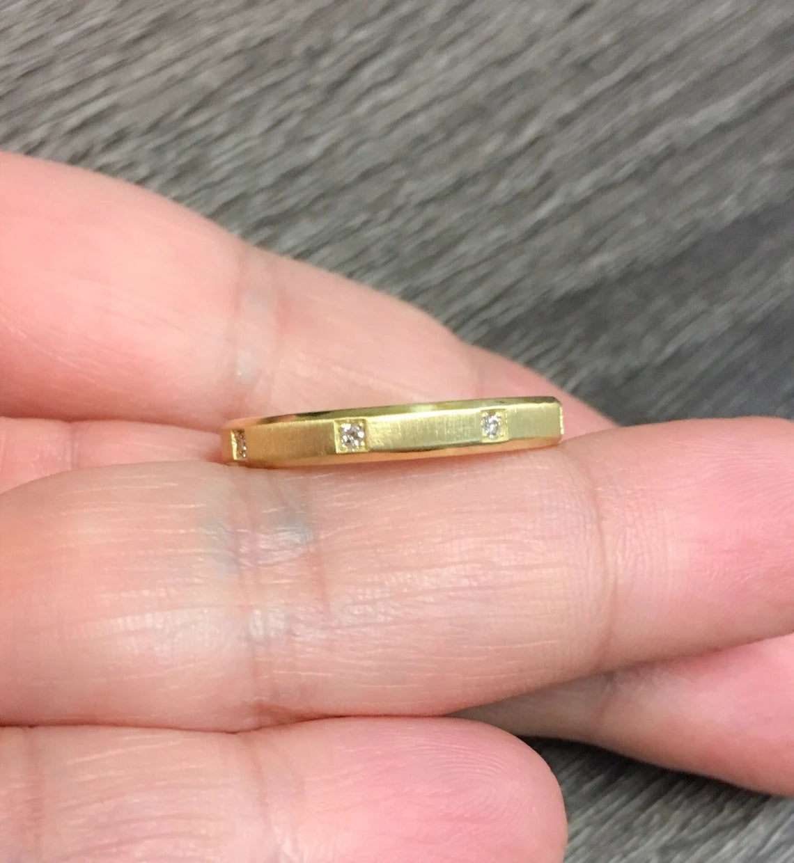 Plain Men's Women's Wedding 3.5 MM Band Ring with Spaced Diamonds/ Unique Beveled Matte Band/ Unisex His & Hers Thumb Ring/ 14K 18K Platinum