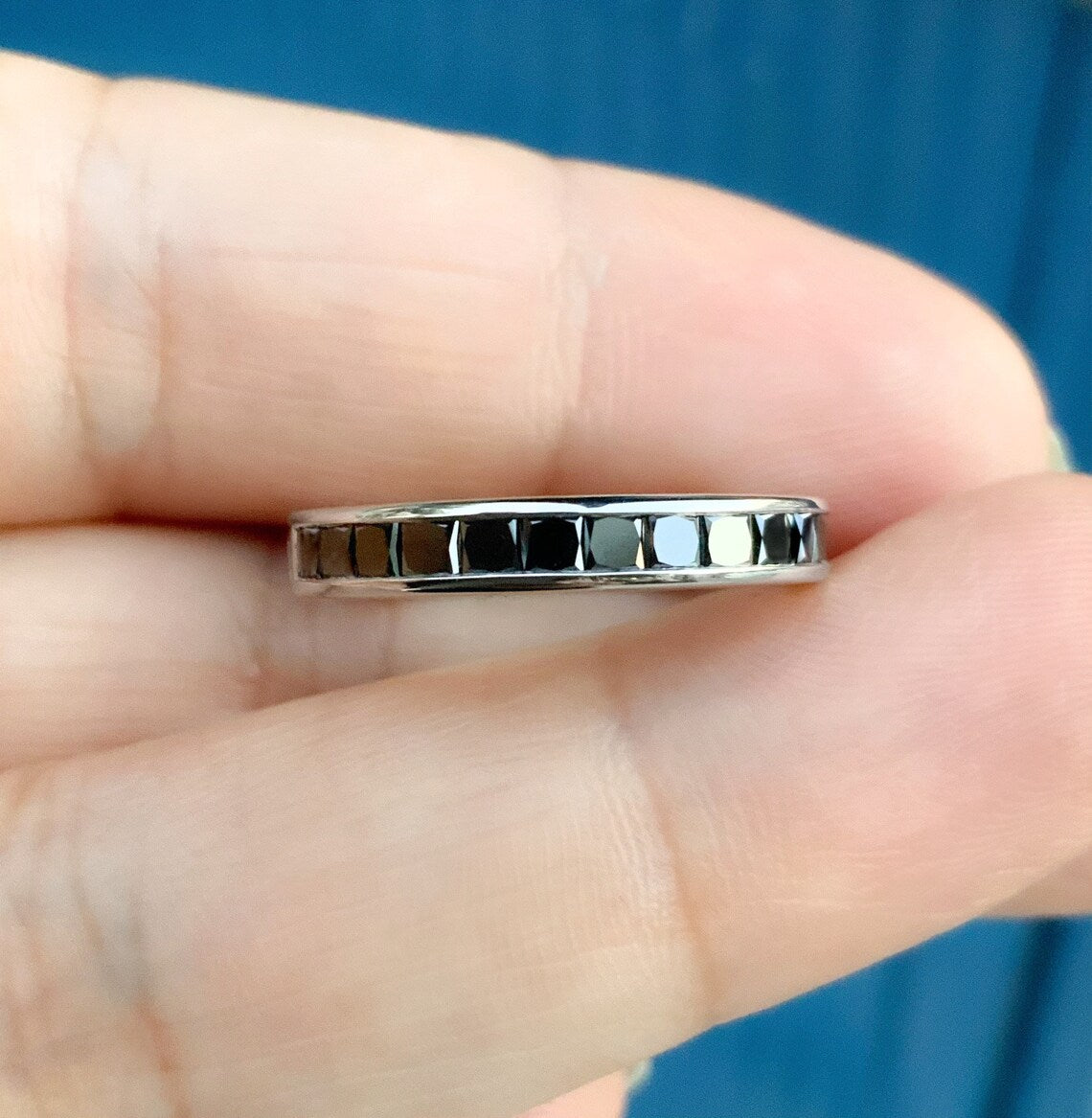 Channel Set Black Diamond Band/ Princess Cut Half Eternity Unisex Ring/ 3.5mm Black Diamond Mens Womens Wedding Band/ 10K 14K 18K Platinum