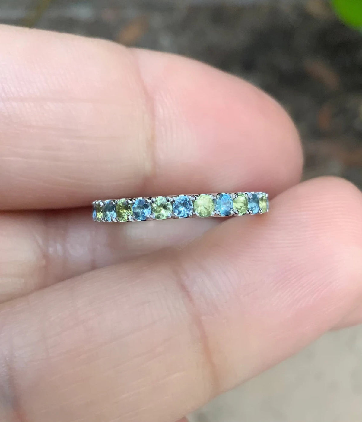 Alternating Aquamarine Peridot Pave Band/ 2.3mm Peridot Aquamarine Full Eternity Ring/ 2 Birthstone August March Infinity Pave Stacking Ring