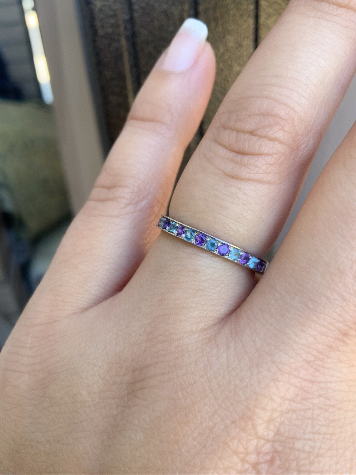 Blue Topaz Amethyst Ring/ 2.5mm Half Eternity Alternating Topaz Amethyst Channel Pave Wedding Anniversary Band/ December February Birthstone