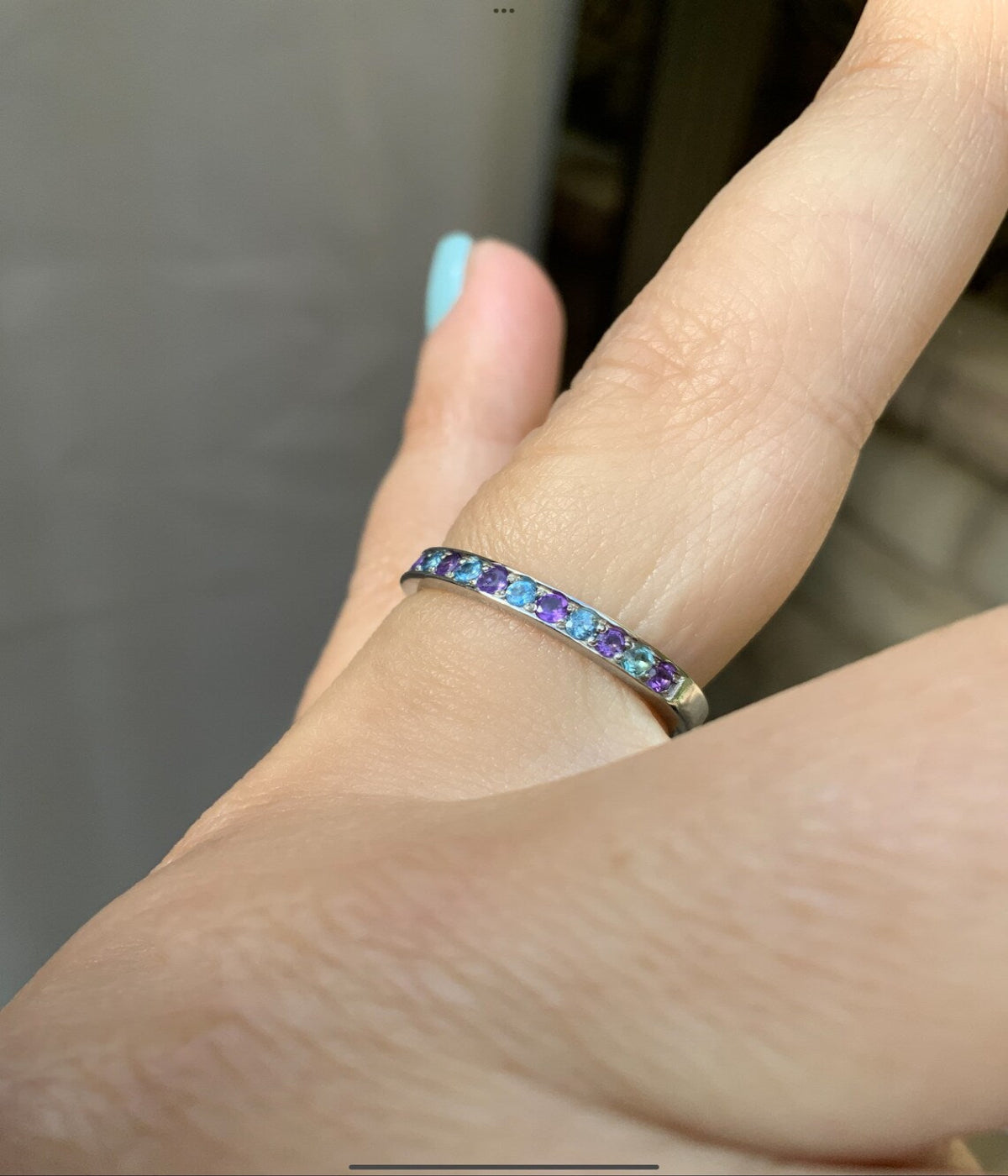 Blue Topaz Amethyst Ring/ 2.5mm Half Eternity Alternating Topaz Amethyst Channel Pave Wedding Anniversary Band/ December February Birthstone