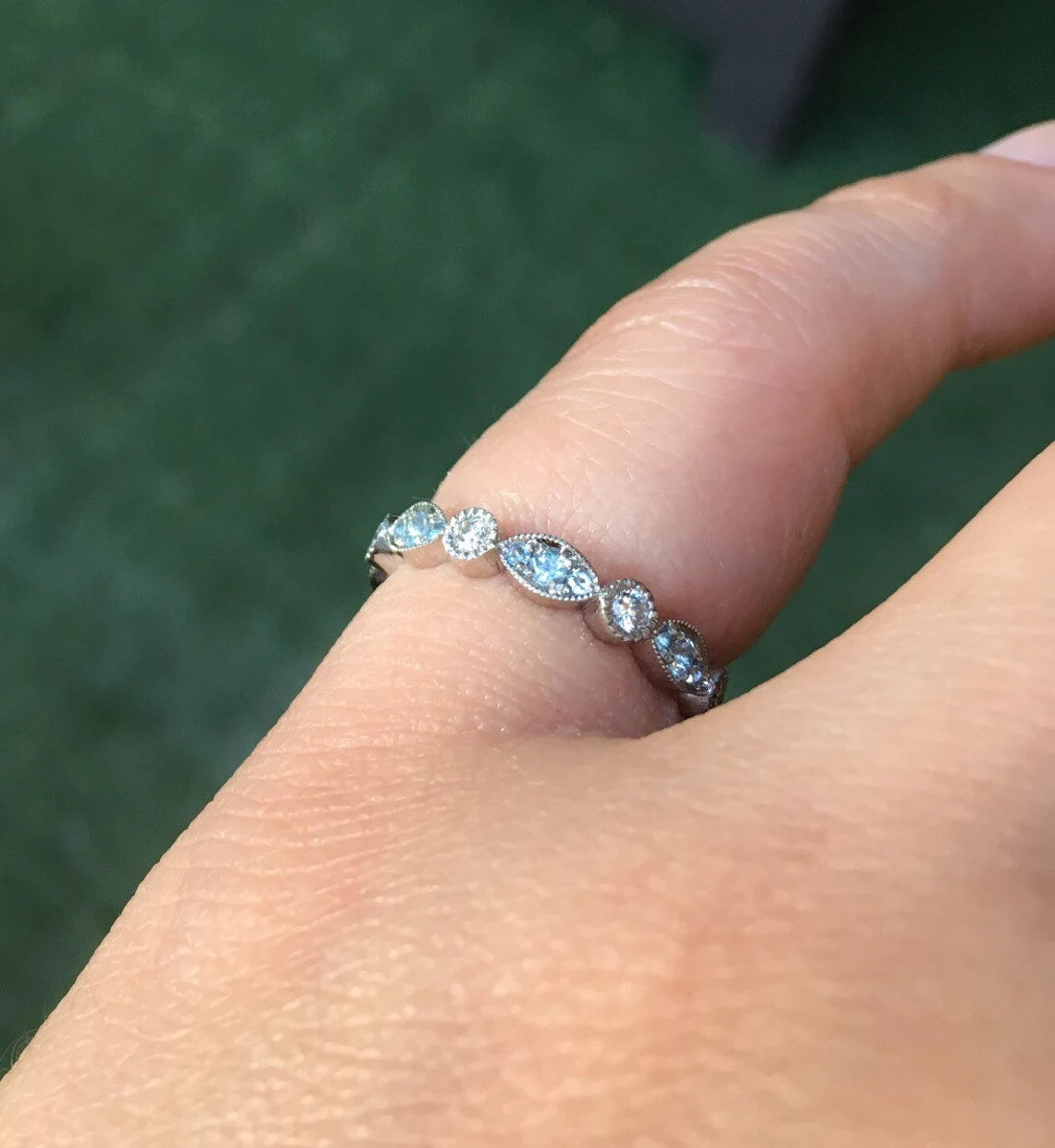3 MM Marquise Dot Unique Wedding Band Ring/ Diamond Aquamarine Bezel Ring/ Aquamarine Diamond Milgrain Eternity Ring/ March April Stack Band