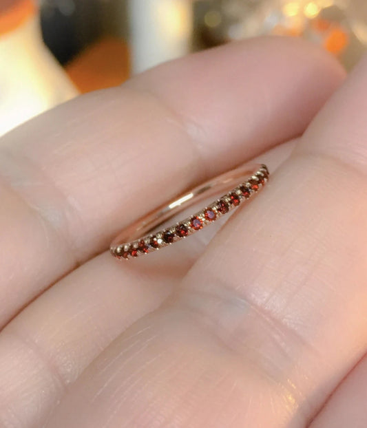 Garnet Eternity Stacking Ring: 1.5mm Pave Wedding Anniversary Band, January Birthstone Ring