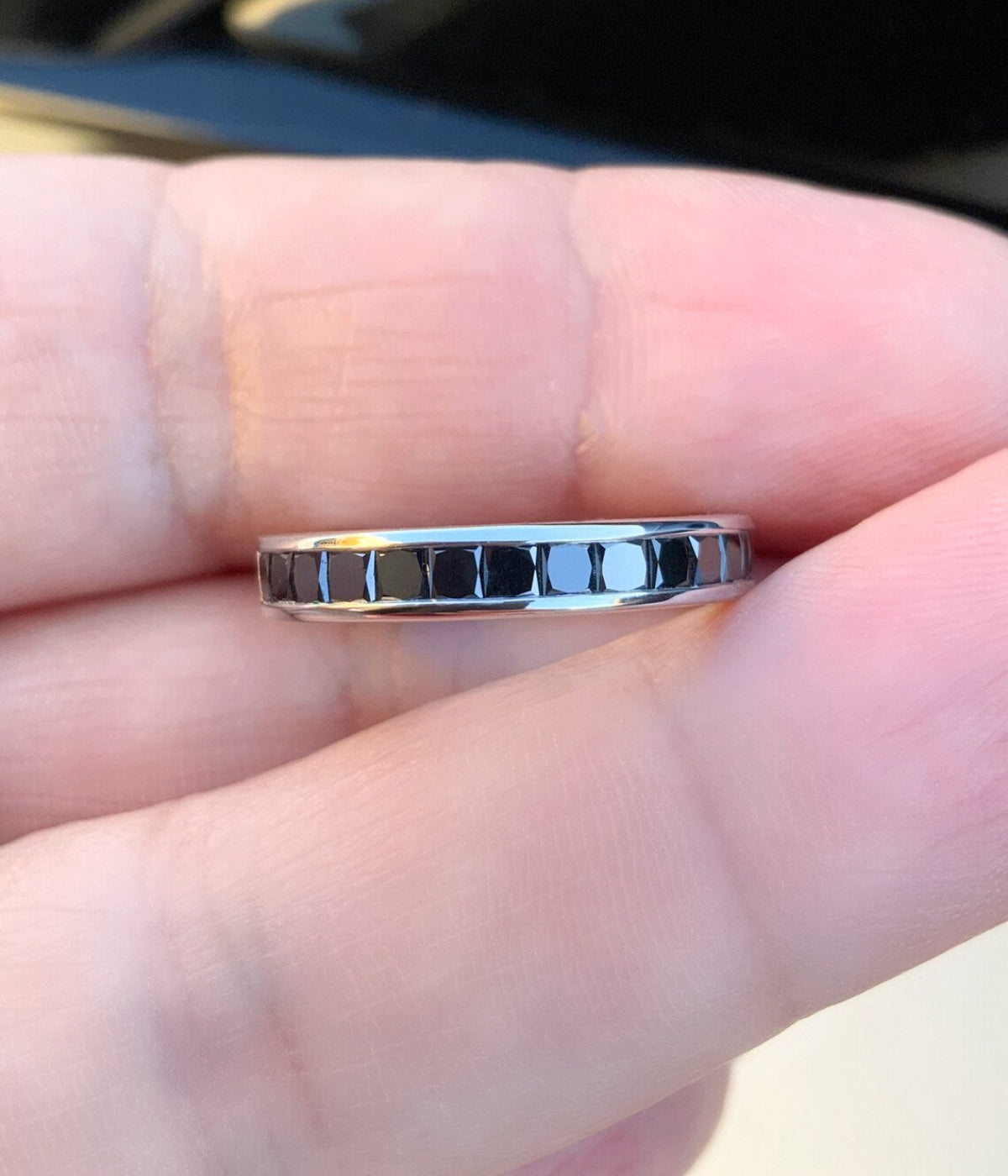 Channel Set Black Diamond Band/ Princess Cut Half Eternity Unisex Ring/ 3.5mm Black Diamond Mens Womens Wedding Band/ 10K 14K 18K Platinum