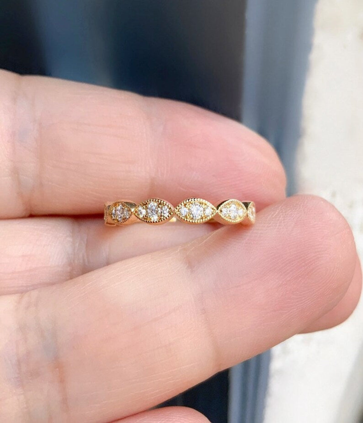 Diamond Milgrain Marquise Ring/ 3mm Half Eternity Wedding Band/ Marquise Shapes w 3 Natural Diamonds/ Unique Diamond Stacking/ Gold Platinum