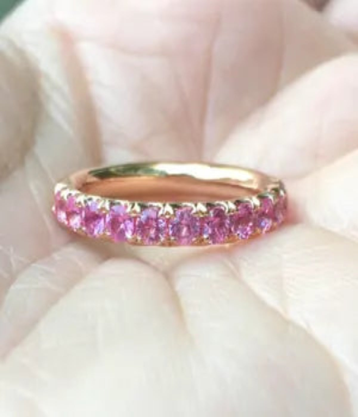 Pink Sapphire Half Eternity Band Pave Sapphire Band Ring 3mm Wedding Anniversary Pave Pink Sapphire Gaurd Band September Birthday Stack Ring