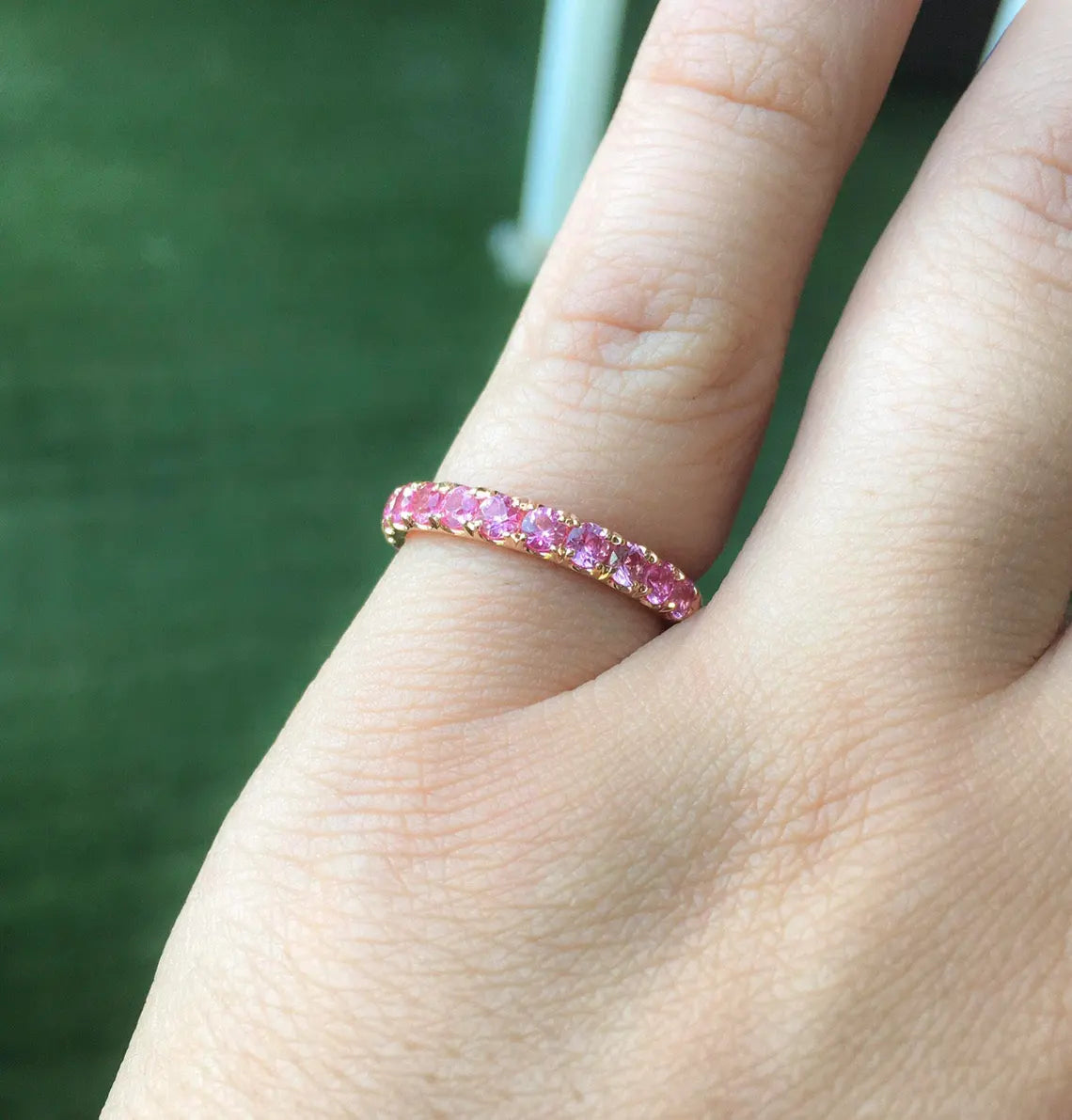 Pink Sapphire Half Eternity Band Pave Sapphire Band Ring 3mm Wedding Anniversary Pave Pink Sapphire Gaurd Band September Birthday Stack Ring