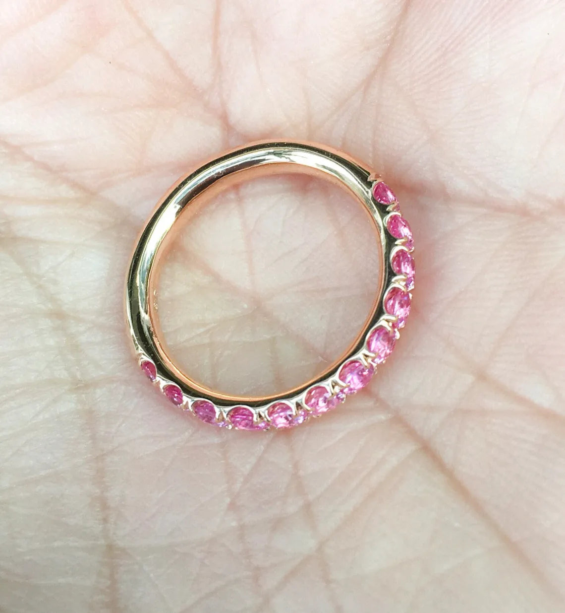Pink Sapphire Half Eternity Band Pave Sapphire Band Ring 3mm Wedding Anniversary Pave Pink Sapphire Gaurd Band September Birthday Stack Ring
