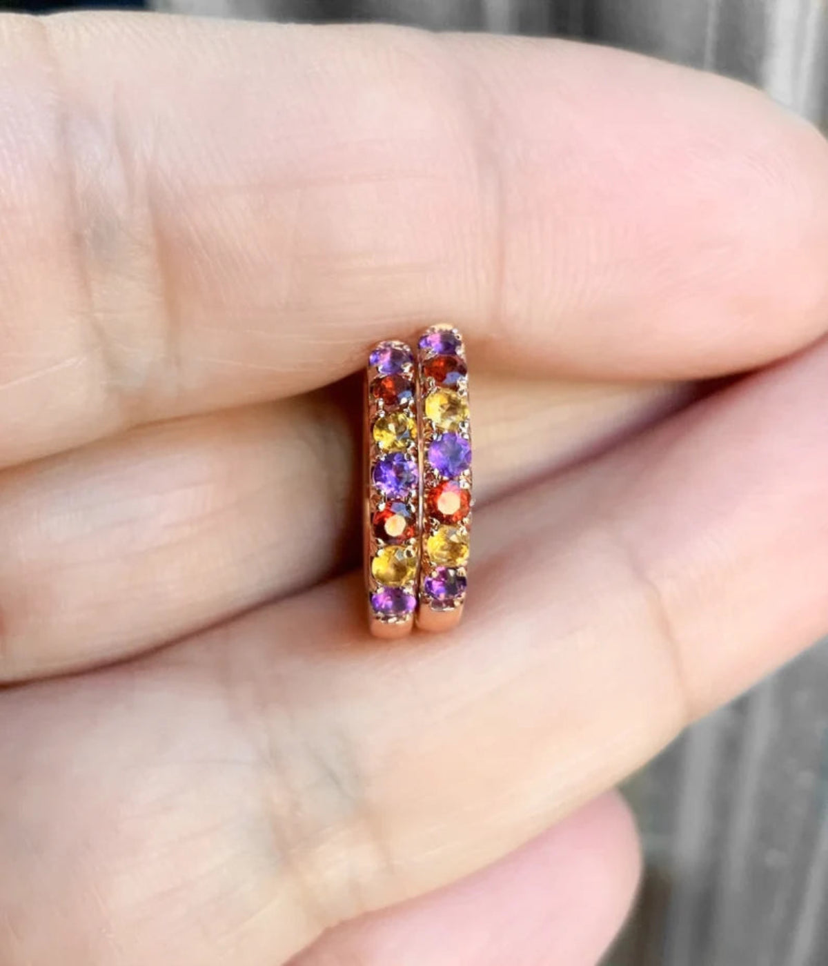 Pave Huggie/ Alternating Amethyst, Citrine, Garnet Pave Hoop/ 15mm Hoop Earring/ 3 Birthstone Small Hoop/ Single OR Pair, Gold or Platinum