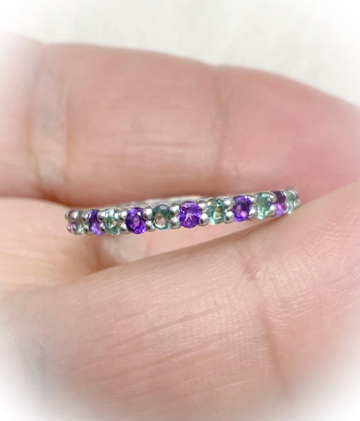 Amethyst Alexandrite Ring/ 2mm Half Eternity Alternating Alexandrite Amethyst Wedding Band/ Shared Prong February June Birthstone Ring