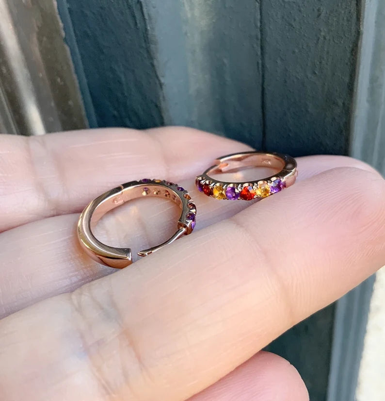 Pave Huggie/ Alternating Amethyst, Citrine, Garnet Pave Hoop/ 15mm Hoop Earring/ 3 Birthstone Small Hoop/ Single OR Pair, Gold or Platinum