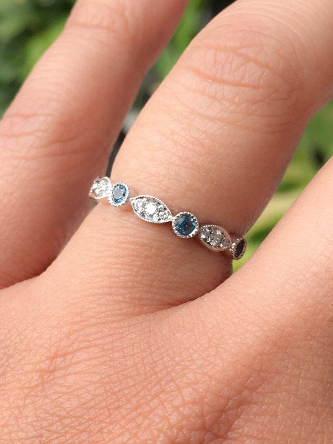 Marquise Dot Diamond London Blue Topaz 3 MM Ring/ Blue Topaz Diamond Alternating Milgrain Band/ Unique Vintage Wedding Guard Stack 3 MM Ring
