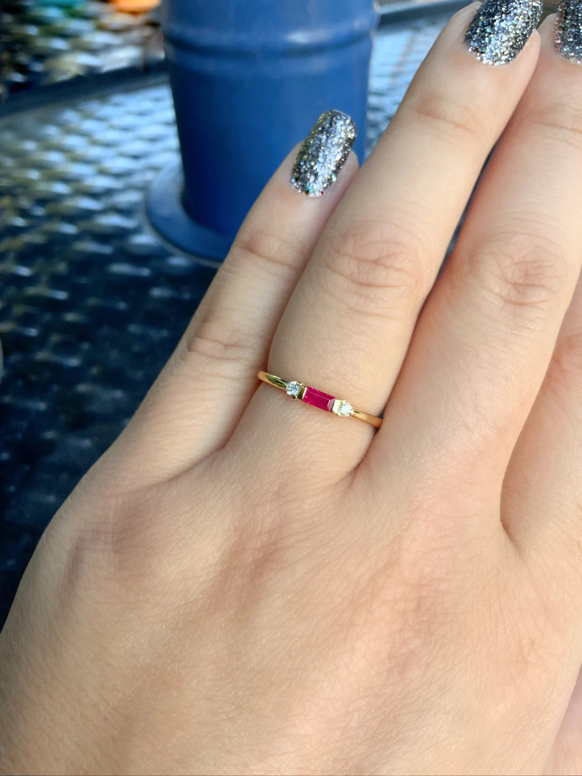Dainty Ruby Diamond 3 Stone Ring/ Delicate Horizontal Baguette Ruby Mothers Ring/ July Birthstone Minimalist Stacking/ Simple Promise Ring