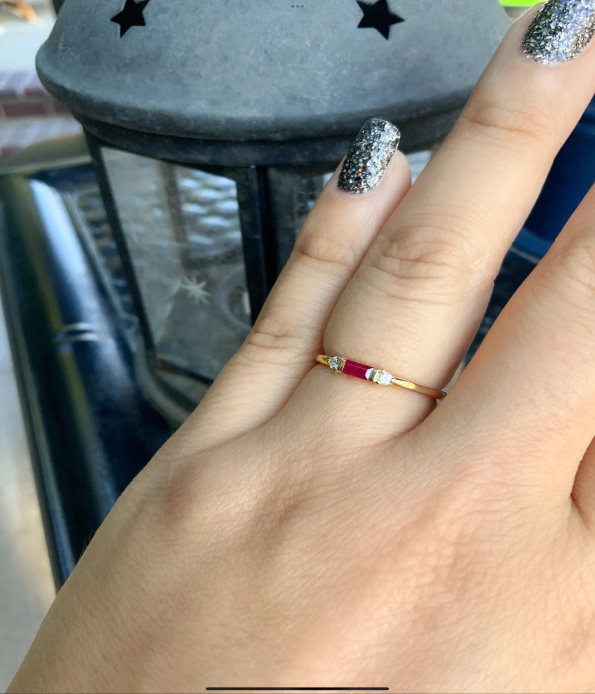 Dainty Ruby Diamond 3 Stone Ring/ Delicate Horizontal Baguette Ruby Mothers Ring/ July Birthstone Minimalist Stacking/ Simple Promise Ring