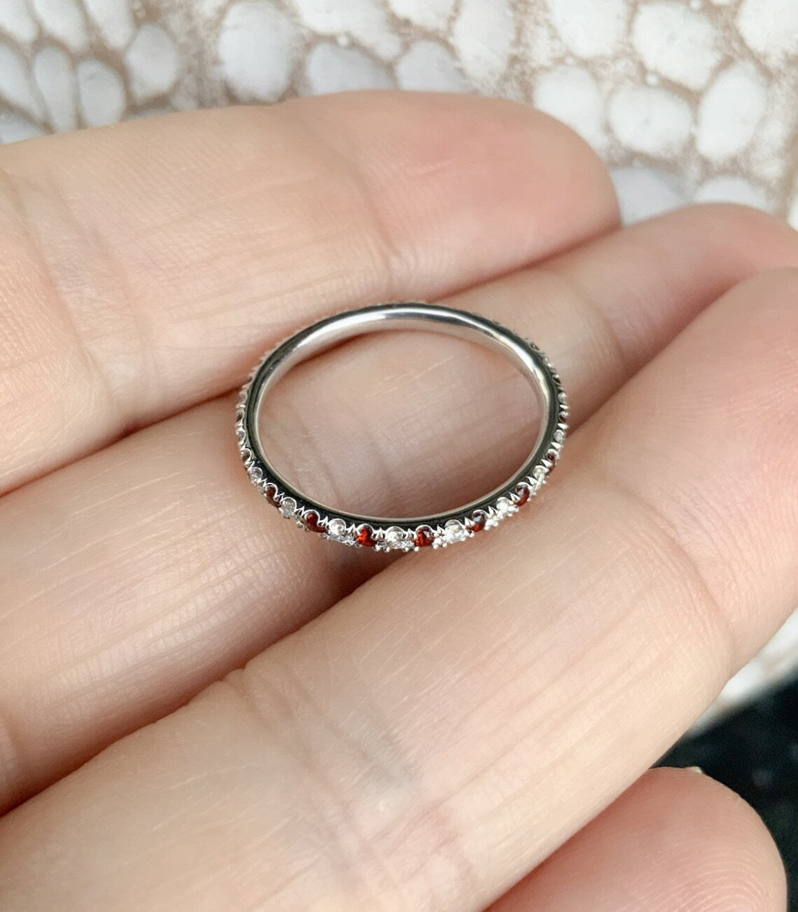 Garnet Diamond Ring/ 1.5mm Alternating Pave Full Eternity Wedding Band/ Garnet Diamond Anniversary Stack Ring/ January April Birthstone Band