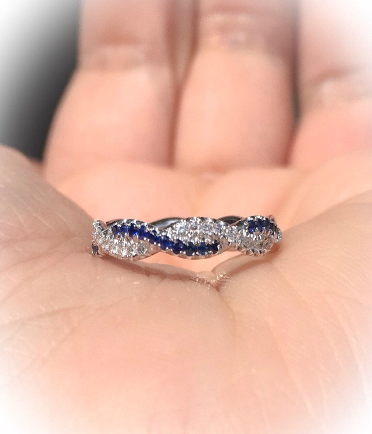 Half Eternity Sapphire and Diamond Twist Ring Pave/ Delicate Intertwined Diamond & Blue Sapphire Band/ Wedding Anniversary Wave Ring Stack