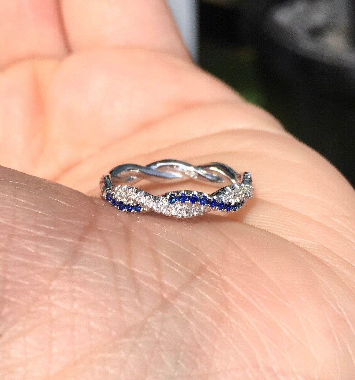 Half Eternity Sapphire and Diamond Twist Ring Pave/ Delicate Intertwined Diamond & Blue Sapphire Band/ Wedding Anniversary Wave Ring Stack