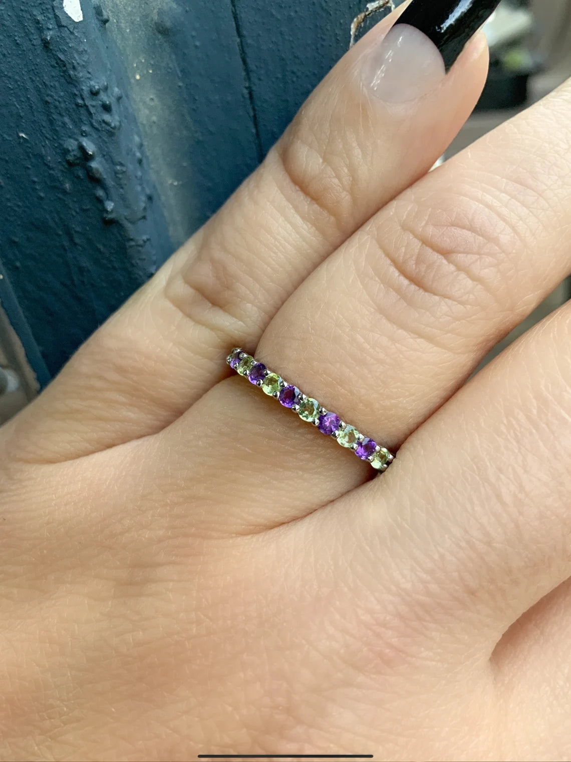 Amethyst Peridot Half Eternity Band/ 2mm Alternating Peridot Amethyst Shared Prong Wedding Band/ February August 2 Birthstone Stacking Ring