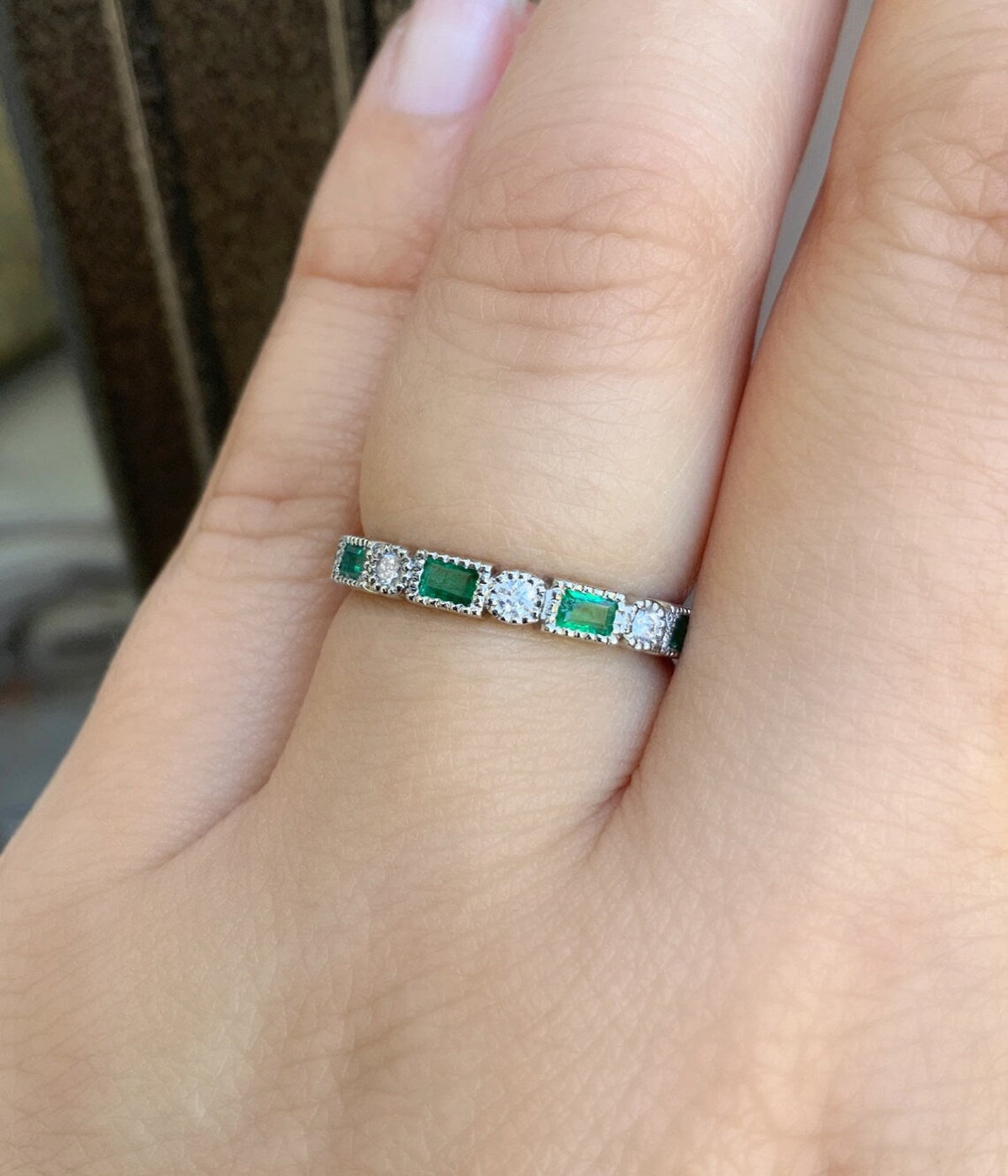 Emerald Diamond Baguette Round Ring/ 3mm Milgrain Bezel Set Eternity Wedding Band/ Alternating Emerald Diamond Ring/ May Birthstone Stack