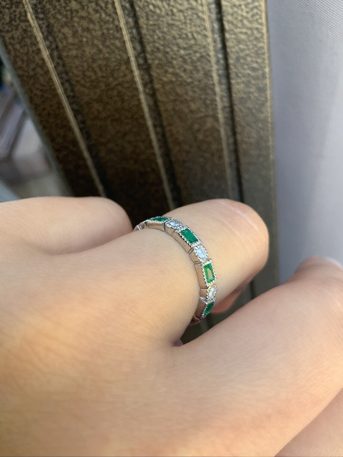 Emerald Diamond Baguette Round Ring/ 3mm Milgrain Bezel Set Eternity Wedding Band/ Alternating Emerald Diamond Ring/ May Birthstone Stack